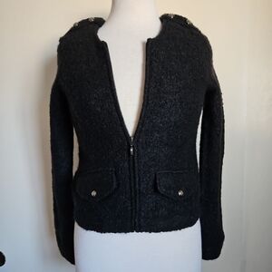Zara Black Wool Blend Tweed Slim Crop Jacket Fully Zip-Up Size Medium